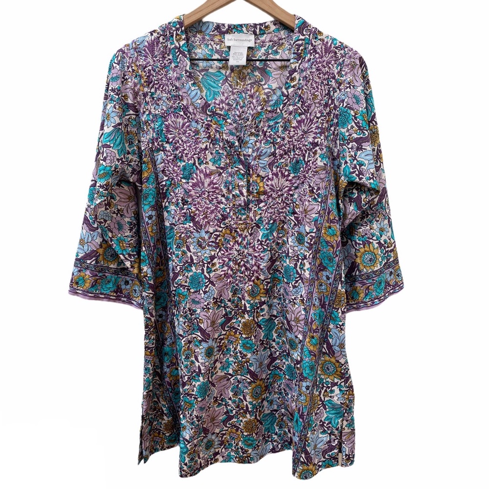 Soft Surroundings Purple Floral Embroidered Kaftan Tunic 26497 Women’s Size XS